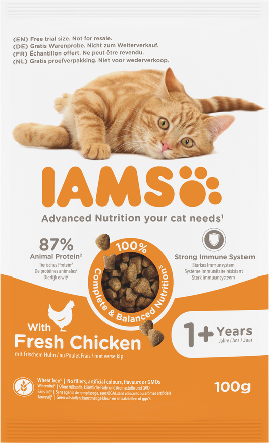 Iams Katzenfutter Trocken mit Huhn für ausgewachsene Katzen, 100g