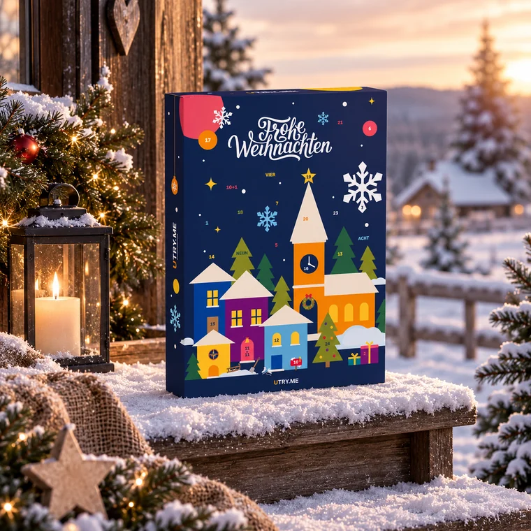 XXL-Adventskalender auf einer verschneiten Bank
