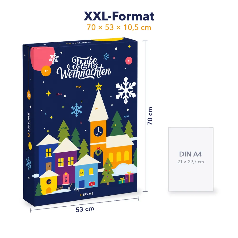 Größenvergleich: XXL-Adventskalender 70 × 53 cm neben einem DIN-A4-Blatt