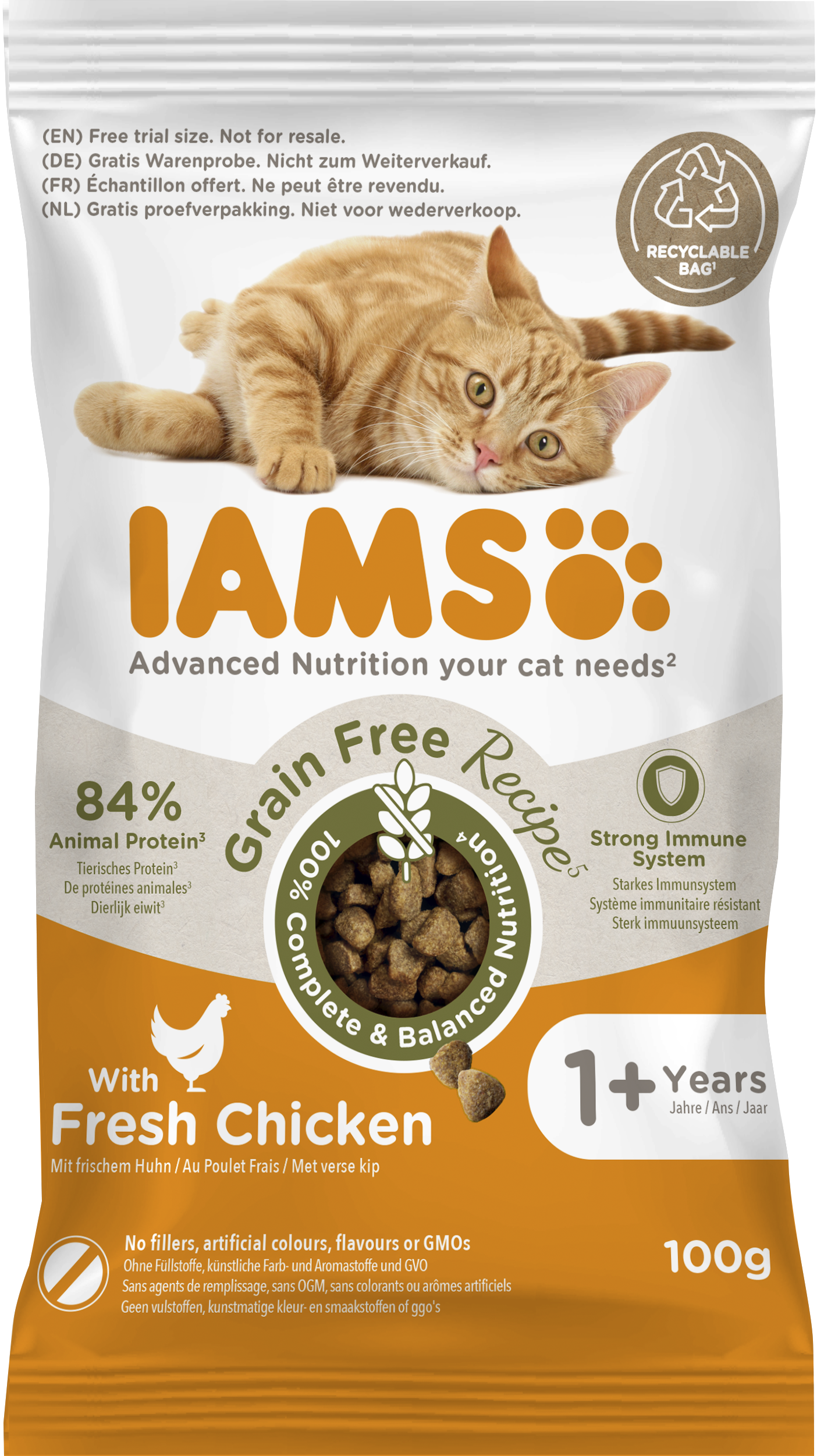Iams Katzenfutter Trocken Getreidefrei mit Huhn für ausgewachsene Katzen, 100g