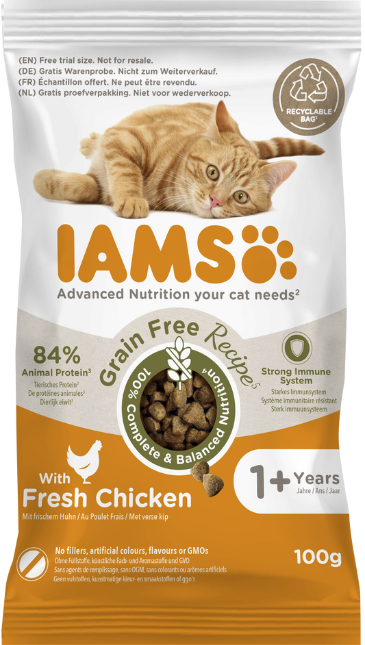 Iams Katzenfutter Trocken Getreidefrei mit Huhn für ausgewachsene Katzen, 100g