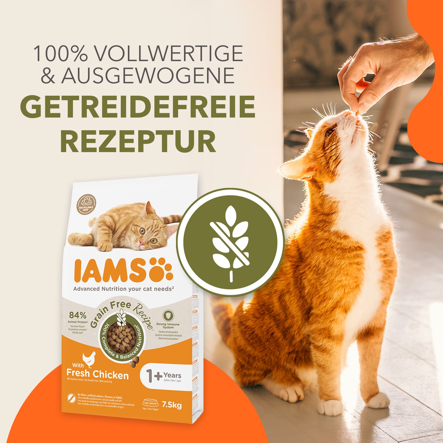 Iams Katzenfutter Trocken Getreidefrei mit Huhn für ausgewachsene Katzen, 100g