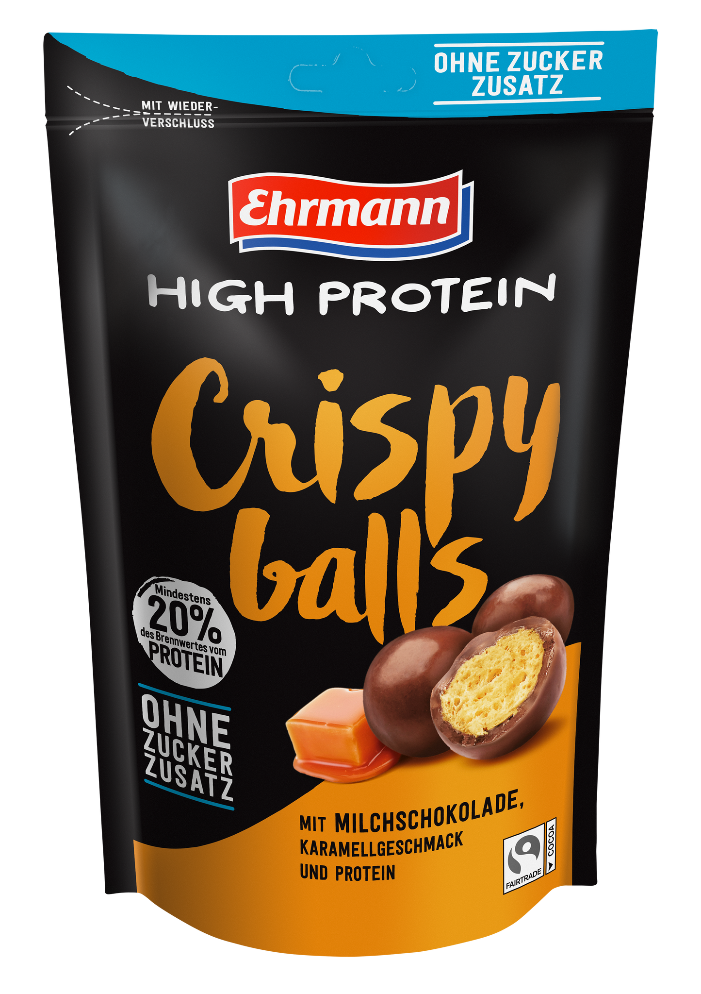 Ehrmann High Protein Crispy Balls ohne Zuckerzusatz, Milchschokolade Typ Karamell, 55g