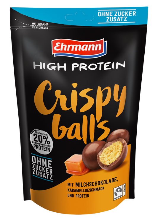 Ehrmann High Protein Crispy Balls ohne Zuckerzusatz, Milchschokolade Typ Karamell, 55g